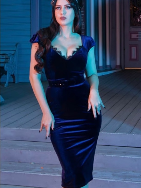 La Femme En Noir Dresses & Skirts - Structured Velvet Lace-Trim Midi Dress in Navy - Women